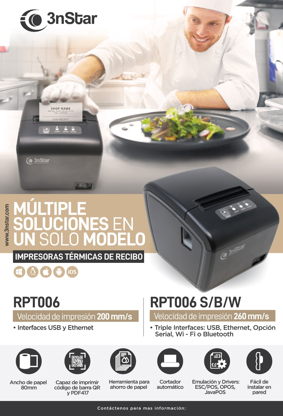 3NS-POS-RPT006 Impresora Termica Directa de Recibos de 80mm