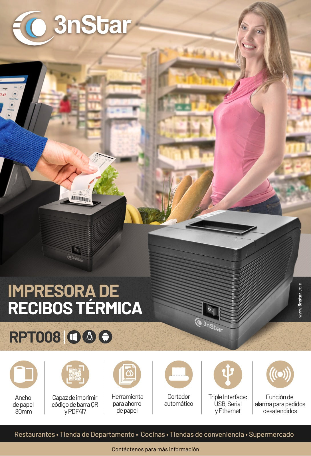 3NS-POS-RPT008 Impresora Termica Directa de Recibos de 80mm