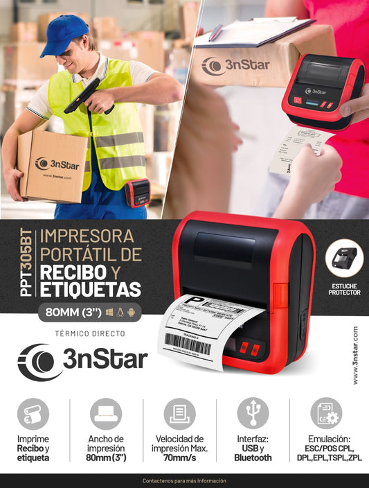 3NS-POS-PPT305BT Impresora de Recibo movil y etiquetas BT de 80mm